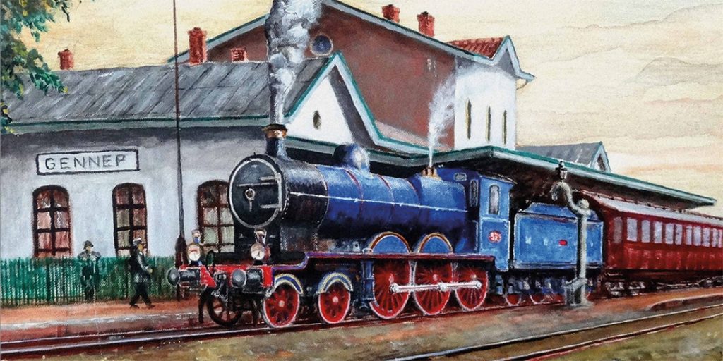 Schilderij van de 'Blauwe Brabander,' de iconische locomotieven van de NBDS