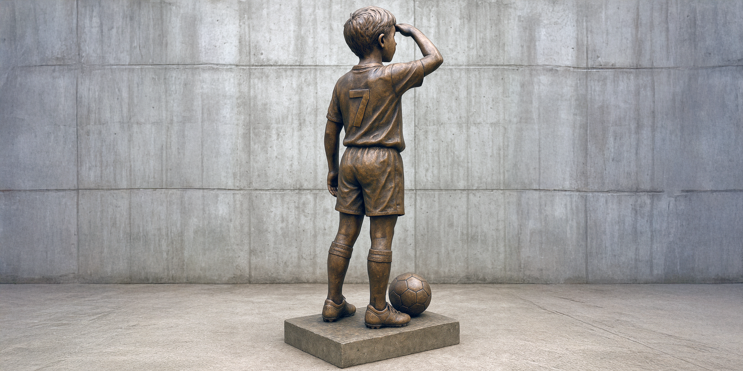 Toekomstbestendig - Een monument voor al die verdwenen verenigingen. Een beeld van een kind in voetbaltenue, turend naar de ’toekomst’
